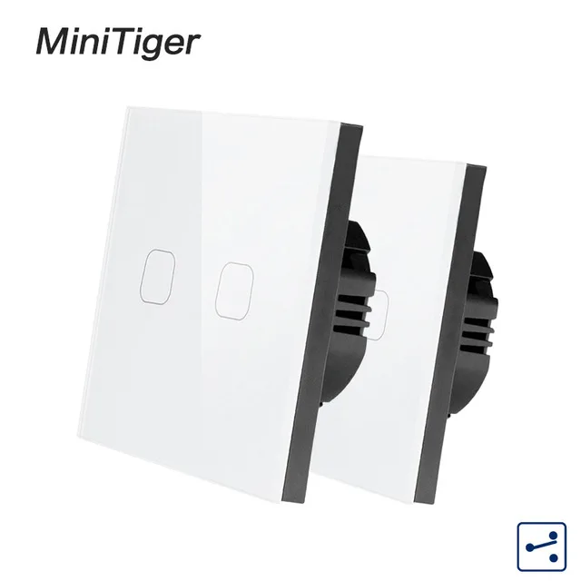 Minitiger EU Standard 1/2 Gang 2 Way Control Wall Light Touch Switch,Crystal Glass Panel,cross/through switches,2pcs/pack - Цвет: 2 Gang 2 Way White