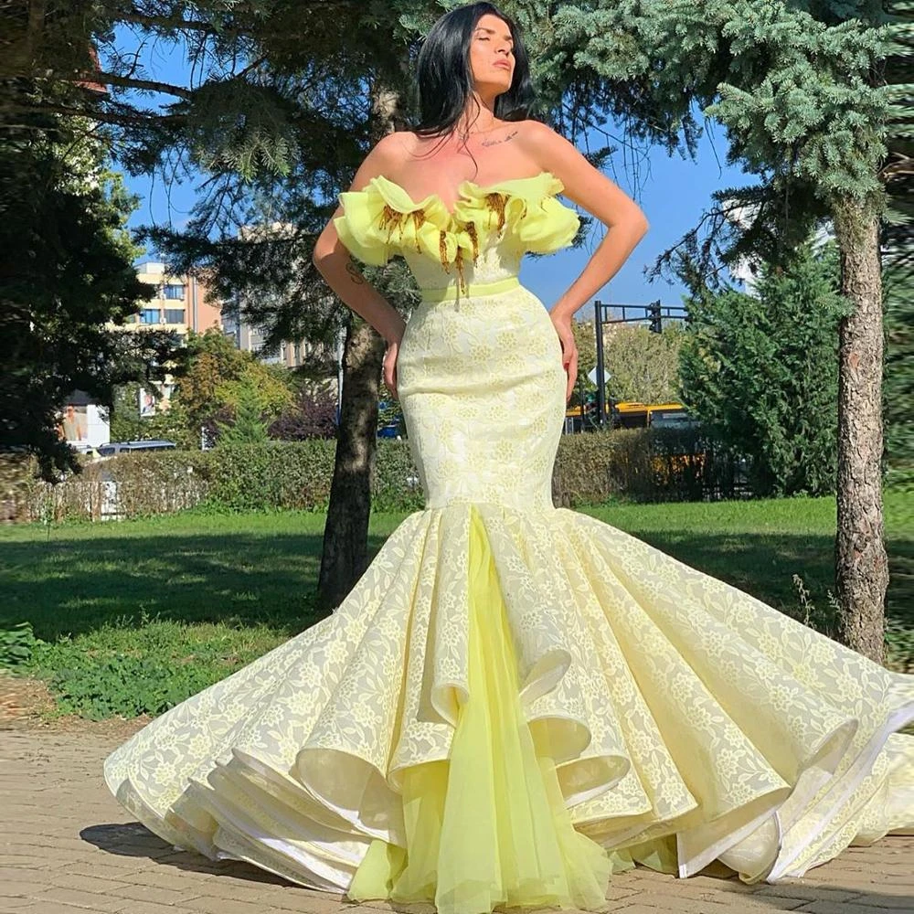 Elegant Yellow Lace Mermaid Prom ...