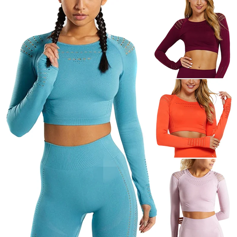 

Women Sports Suit Seamless Yoga Set Workout Gym Set Push Up Leggings Long Sleeve Crop Tops ALS88