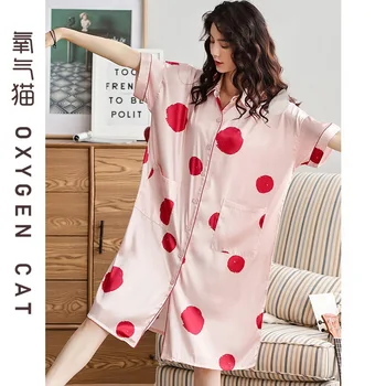 

Imitated Silk Fabric Nightgown Women's Summer Short Sleeve Viscose Korean-style Loose And Plus-sized Pregnant Women GIRL'S Pajam