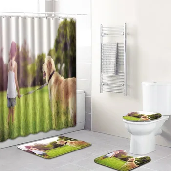 

Beautiful Back Mat Shower Curtain Bathroom Non-Slip Mat 4PCS Bathroom Toliet Cover Mat Set with 180*180cm Shower Curtain