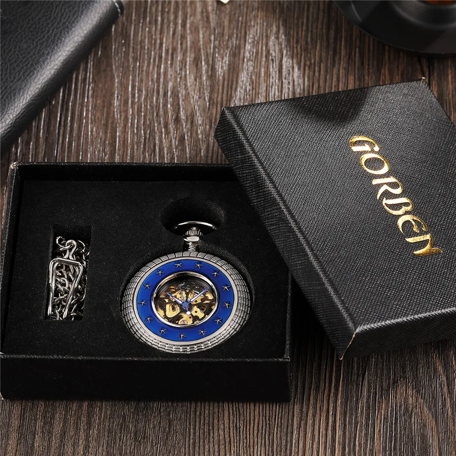 Vintage Steampunk Blue Star Series Surrounded Silver Mechanical Pocket Watch Men Women Hand Wind Watch waist Chain Roman Dial
