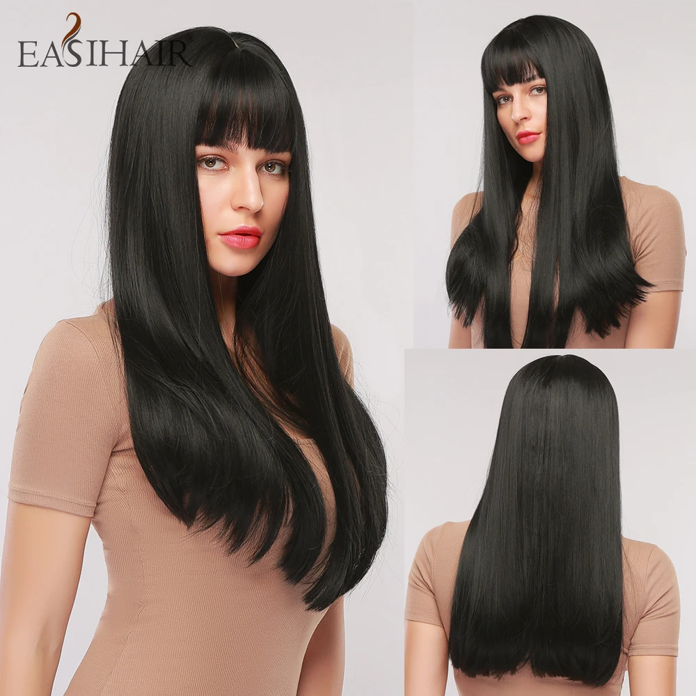 Synthetic Wigs Bangs Natural-Hair Black Straight Women Heat-Resistant Long with for High-Temperature