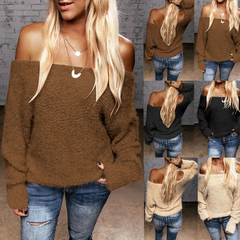 Women Long Sleeve Off-Shoulder Knitted Pullovers Sweater Cold Shoulder Plain Color Sweater