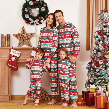 

Family Matching Christmas Pajamas Set Mom And Baby Kid Clothes Long Sleeve hooded Jumpsuit Xmas Cartoon print Clothing Suit