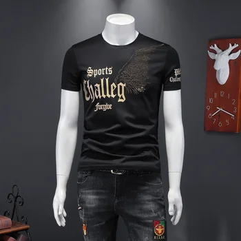 

T 2020 Summer Cotton Shirt Fashions Men's Personalized English Letter Rhinestone Wing Casual O-Neck Short Sleeve T-shirt