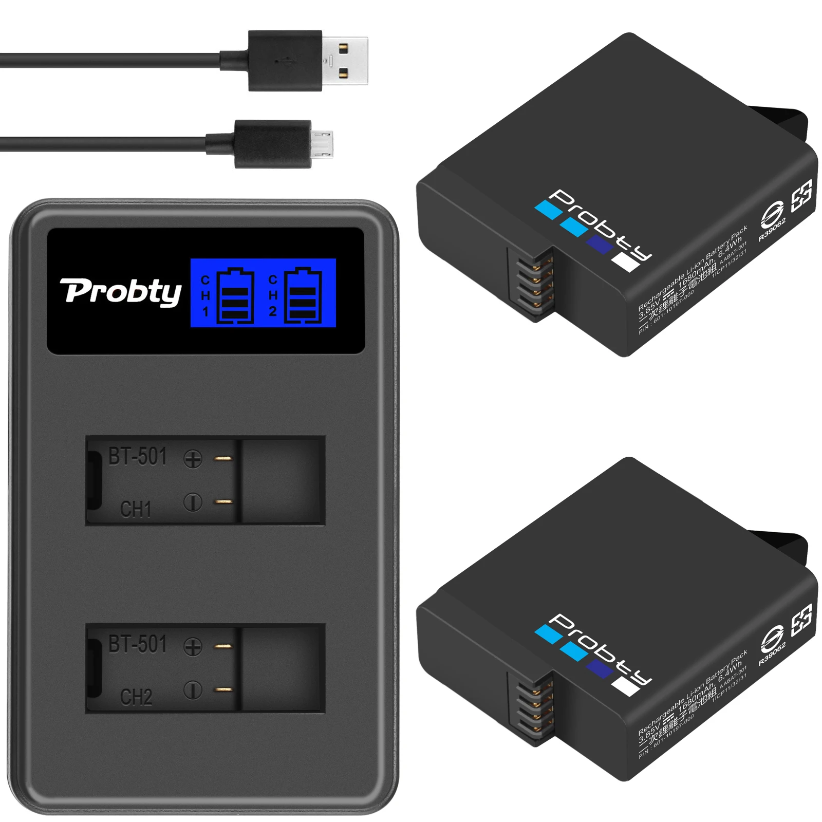 2 Pezzi 1680Mah Ahdbt-501 Batteria Per Gopro Hero 5 6 7 Nero Per Accessori Gopro 5 6 7