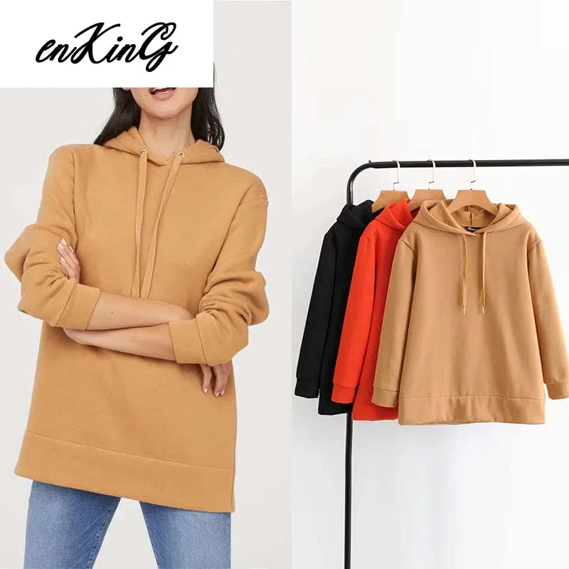 

2019 Khaki hoodies women harajuku cotton hoodies solid patchwork pockets regular oversize sweatshirt plus size tops