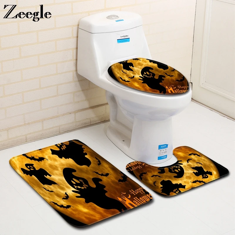 Zeegle Halloween 3pcs Bath Mat Set Anti-slip Toilet Cover Seat Mat Absorbent Toilet Pedestal Rug Bathroom Shower Mat Bath Set