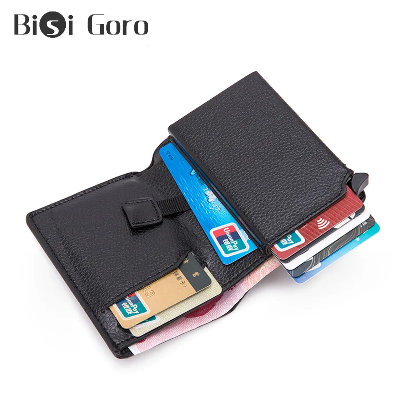 

Bisi Goro 2020 Minimalist Wallet RFID Metal Blocking Card Holder Aluminum High Quality Soft Leather Slim Card Case Travel Wallet