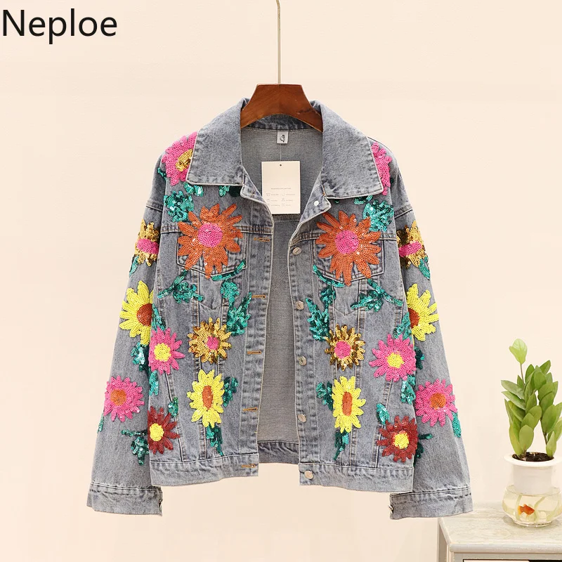

Neploe Embroideried Sequins Sun Flower Demin Jacket 2019 Autumn New Causal Jean Coat Long Sleeve Leisure Women Cowboy 54070