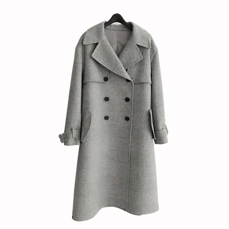 

Women's handmade Korean version of woolen coat plaid stitching color handmade double-sided cashmere wool windbreaker coat