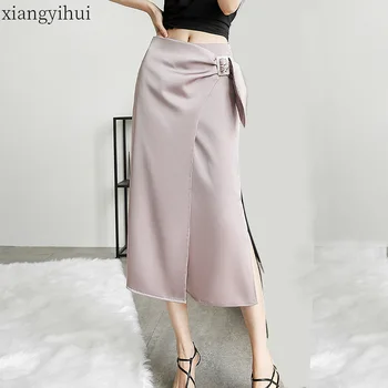 

OL Elegant Fashion A-line Satin Skirt Women Buckle Package Hip Midi Skirts Gray Purple and Blue Color Ladies Hem Split Skirt
