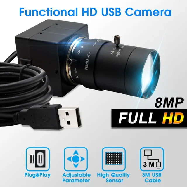 1080P USB Industrial Camera With Manual Zoom Lens (2.8-12mm) – Low Light 0.01Lux, Metal Case For PCB Inspection, Video Calls