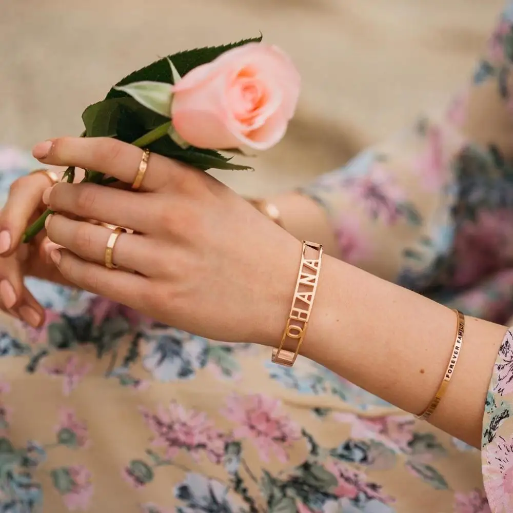 Stainless Steel Mantra Cuff Bangles Engraved Positive Inspirational Words Hollow out Alphabet Letter Bangle Femme Bijoux SL-171 5