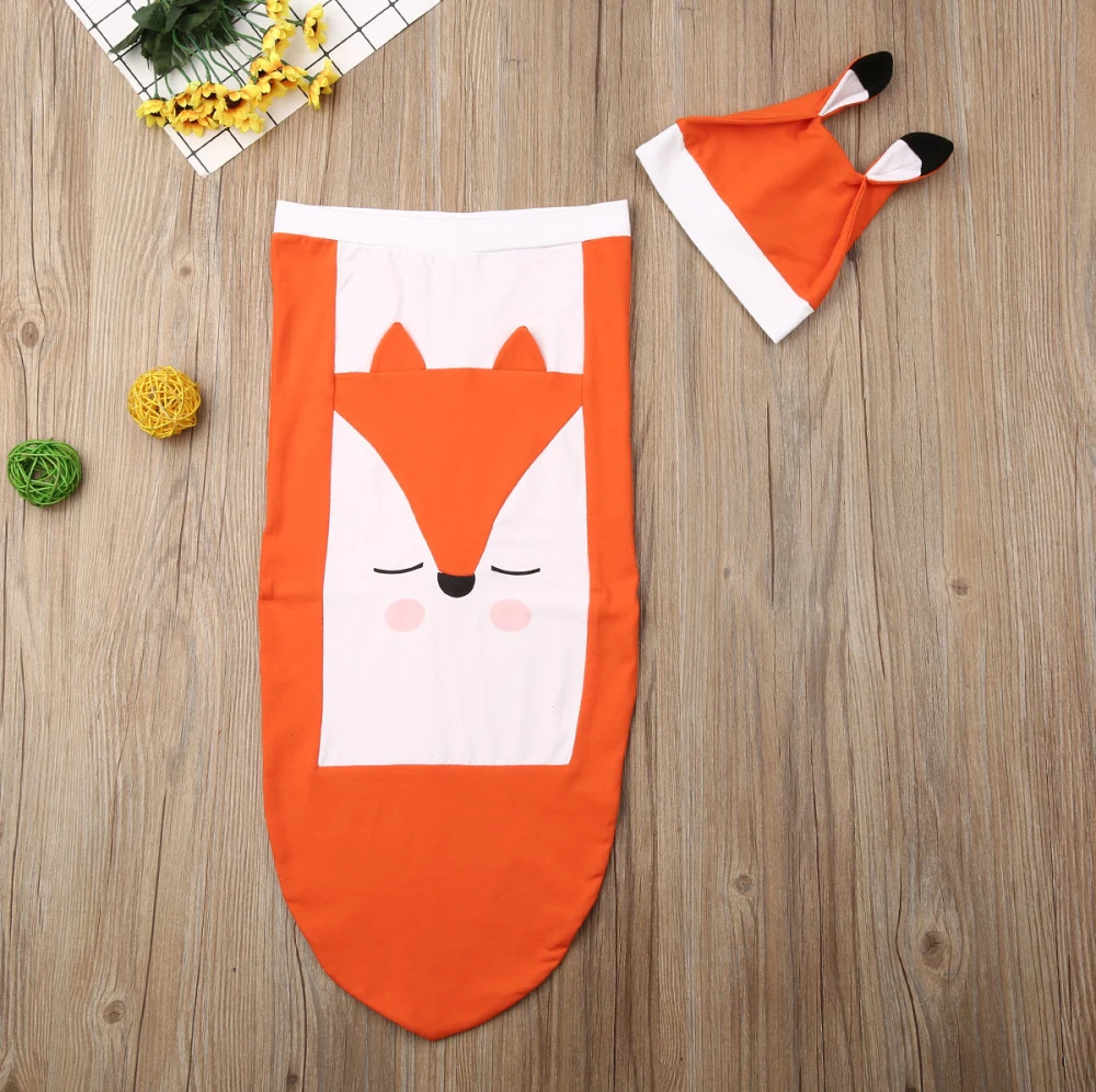 Одеяло для пеленания с рисунком лисы, Милый хлопковый оранжевый спальный мешок с ушками, спальный мешок для новорожденных+ шапочка, комплект для детей 0-6 месяцев