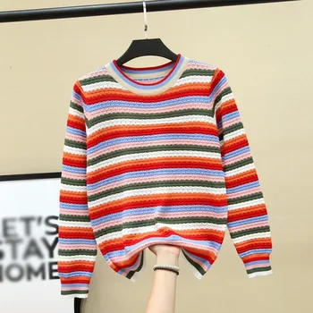 

Fashion Colorful Stripes Print Women Sweater Autumn Winter New Slim Long Sleeved Round Collar Slim Bottom Knit Sweater Tops