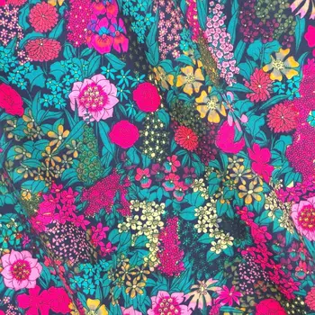 

140cmx50cm Stretch Cotton poplin Fabric - Flowers and leave on deep blue background