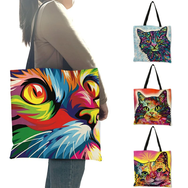 women's business bags Colorful Cat Oil Painting Tote Bag With Customized Print Women Fashion Linen Handbags Reusable Shopping Bags Traveling School genuine leather crossbody bags