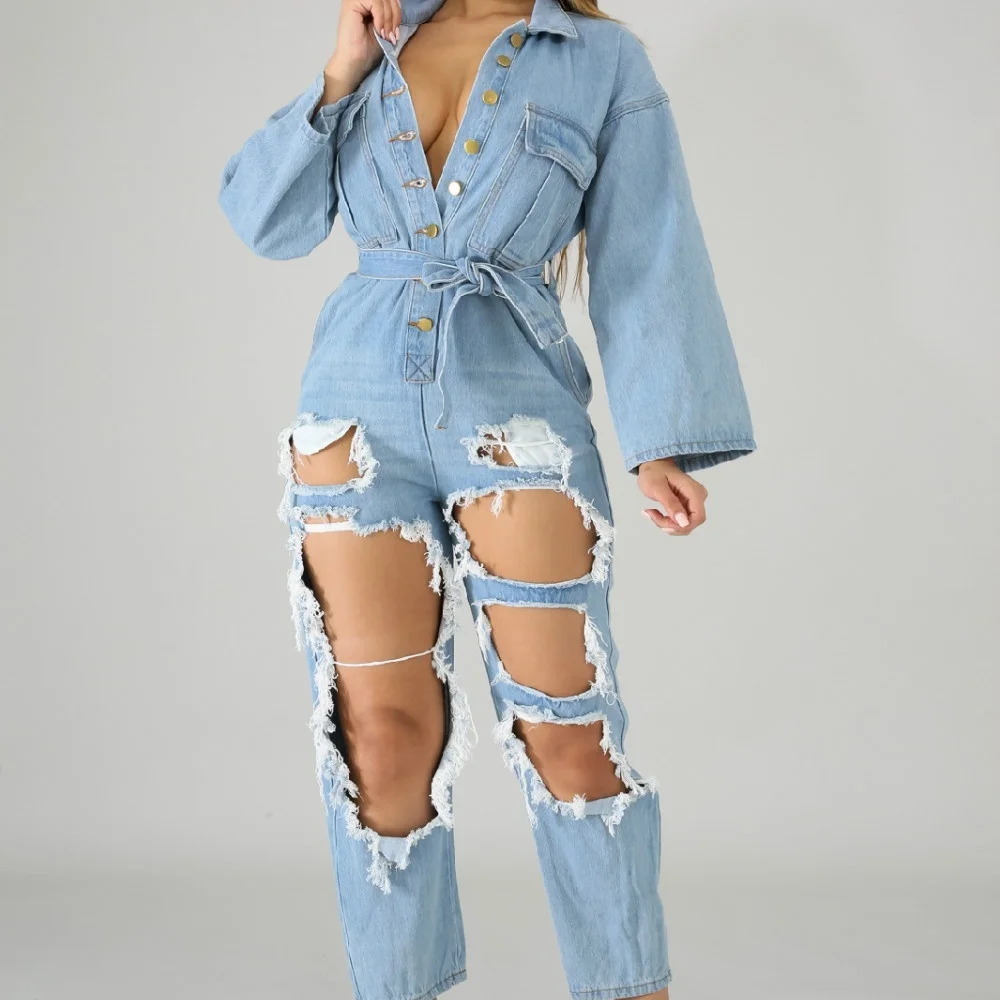 Женский модный стильный длинный сексуальный джинсовый цельный комбинезон на кнопках с рваными отверстиями, Комбинезоны для женщин с поясом S-2XL