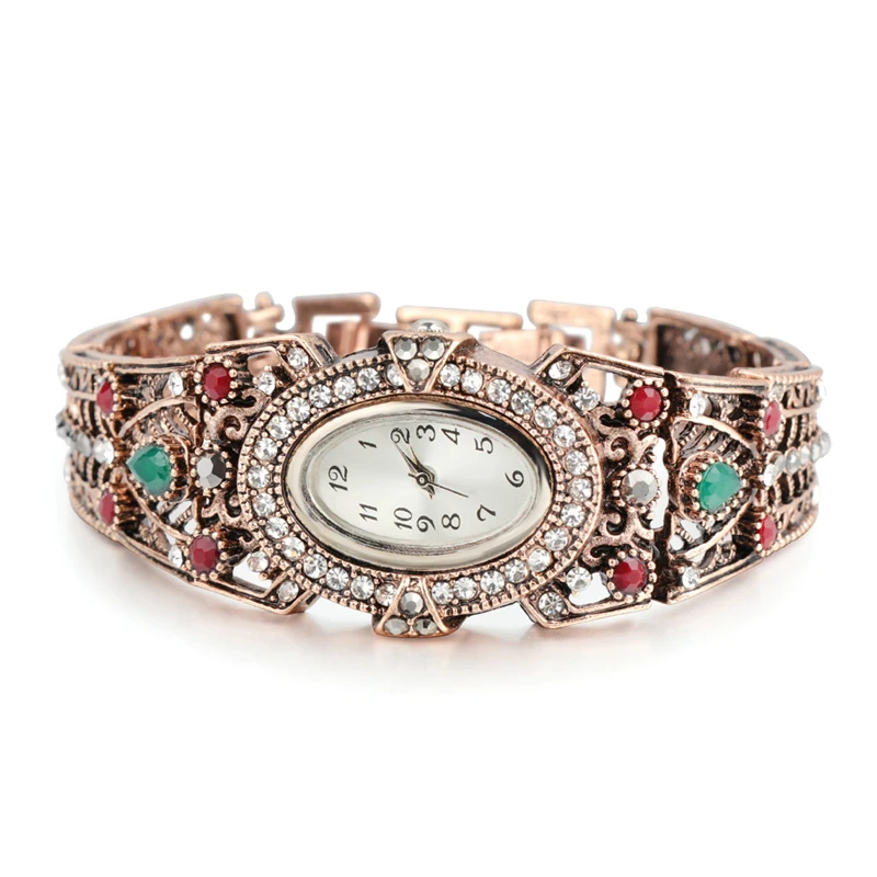 

Vintage Turkish Wrist Watch Bangle Jewelry Women Crystal Flower Quartz Watch Bracelet Antique Rose Gold Aegean Cuff Quartz Watch
