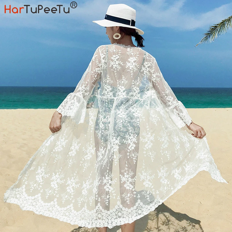 

White Beach Dress 2020 Summer Women Bikini Cover Up Dresses Plus Size Lace Cardigan Flare Sleeve Transparent Voile Outwear