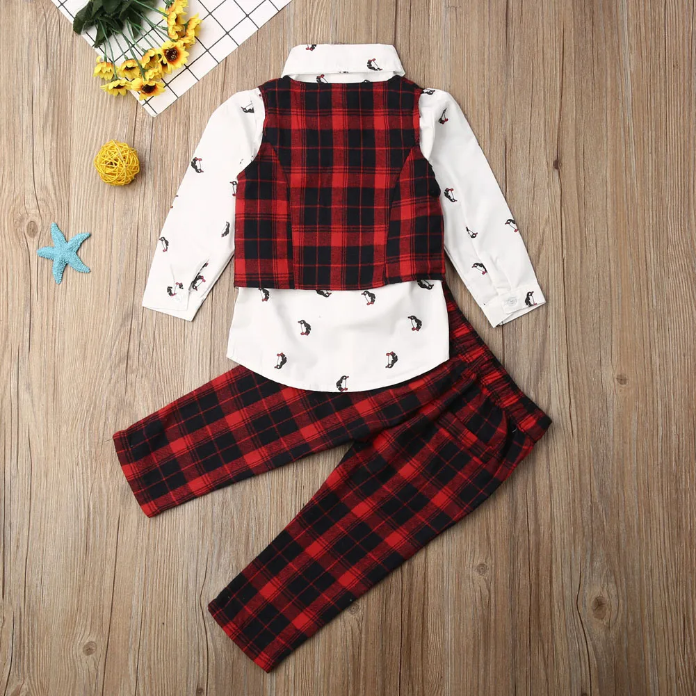 Kids Baby Boy Formal Gentleman Suits Xmas Red Plaid 4Pcs Waistcoat+Bow Tie+Shirts+Pants Kids Boy Christmas Party Outfits 2-7Y