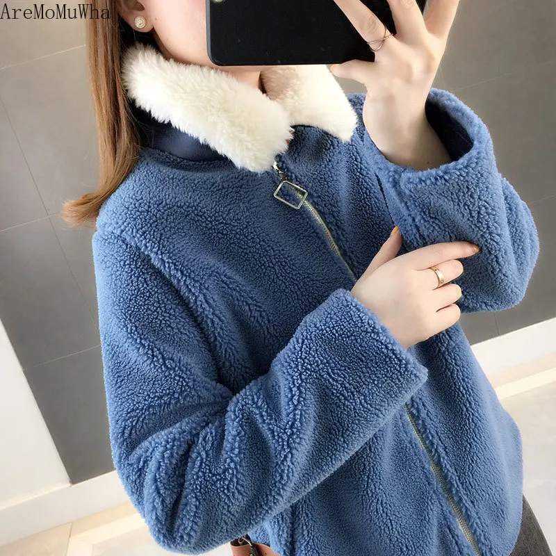 AreMoMuWha/вельветовое пальто с мехом ягненка, новинка года, зимняя короткая бархатная шелковая куртка, кардиган, пальто и куртки для женщин, QX1267