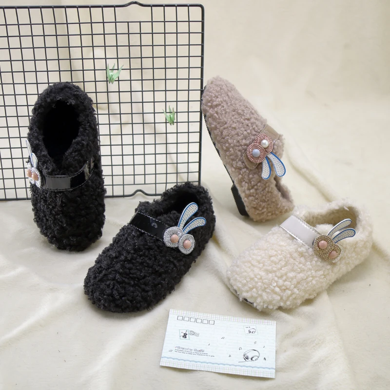 Kids Shoes Baby Girls Loafers Slip-on Sneakers Simple with Fur Soft Bottom Thicken Keep Warm Shoes Cartoon SGF040