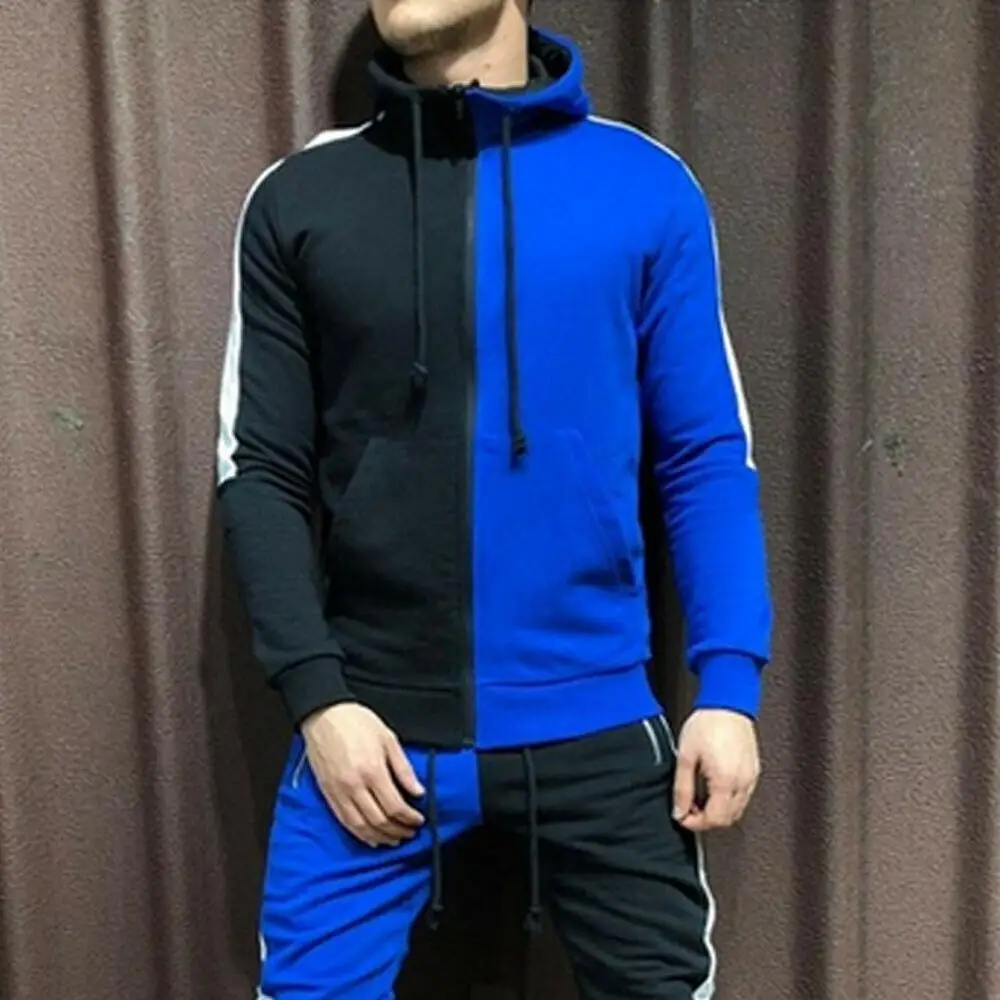Black and blue top Мужской спортивный костюм, толстовка с капюшоном, топ и штаны, для бега, для спортзала, простой, на молнии, на шнурке, с карманом, в полоску, сплайсинг, тонкий, персональный костюм - Цвет: Black and blue top