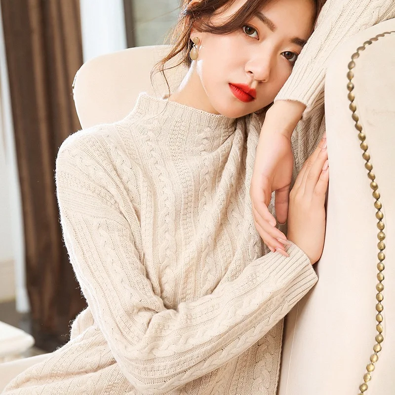 

Women's Cable Knitting Sweater New Style Korean-style Half-Turtle-Neck Solid Color Sweater Long Sleeve Warm Base Shirt Underwear