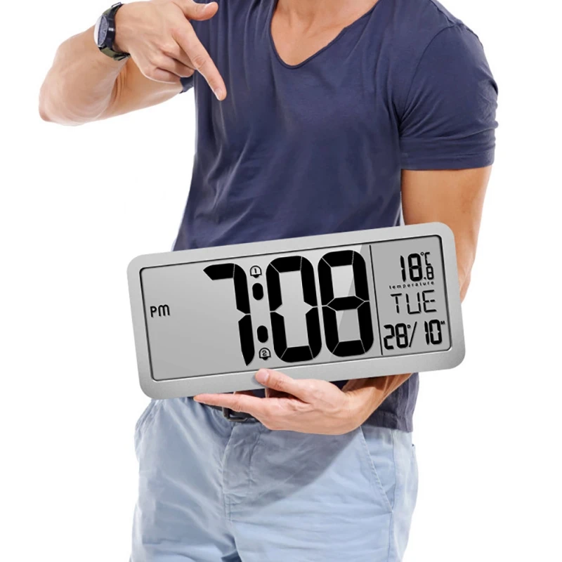 

Battery Powered Digital Wall Clock With 2 Alarm Settings Adjustable Volume Large LCD Screen Display Time Date Weekday Temperatur