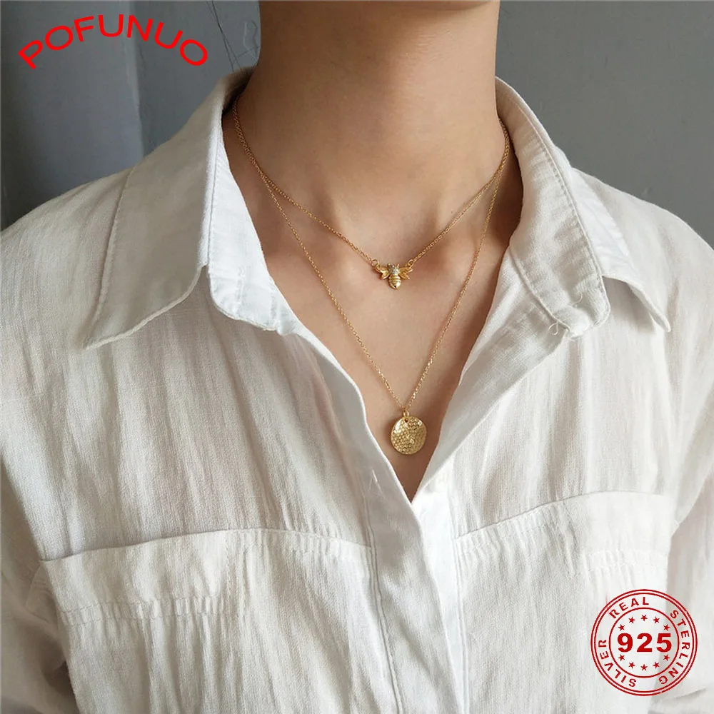 POFUNUO, женская мода, полная 925 пробы, серебряная пчела и сотовая форма, подвеска, стильное колье, роскошные ювелирные изделия, Золотое короткое ожерелье