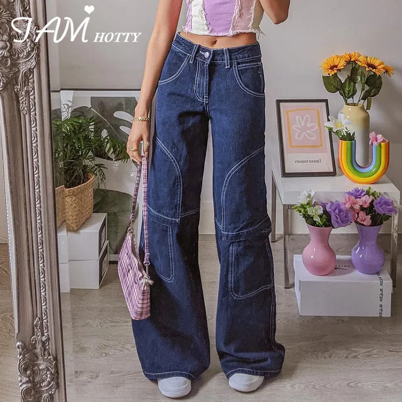 y2k Thread Pockets Patched Wide Leg Oversize Jeans Women Fashion Streetwear 90s Aesthetic Mom High Waist Baggy Denim   Iamhotty