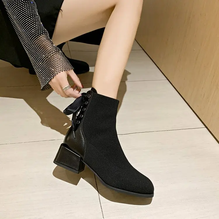 Women's Black Thick Mid Heel Short Ankle Boots Fashion Cute Sweet Bow Tie Solid Color Knit Socks Boots Casual Shoes New Listing