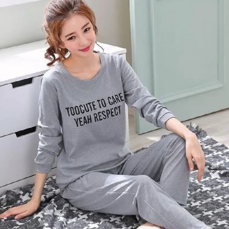 

Casual Sports Tracksuit Women's Long Sleeve Pajamas Women's Spring And Autumn Gray Lettered WOMEN'S Suit