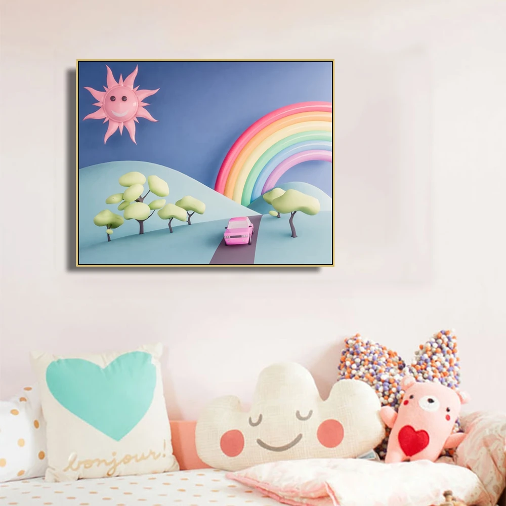 

Cassisy Canvas Art Painting Sun Rainbow Moving car Three-dimensional Poster Picture Wall Decor Modern Home Decoration For Kids