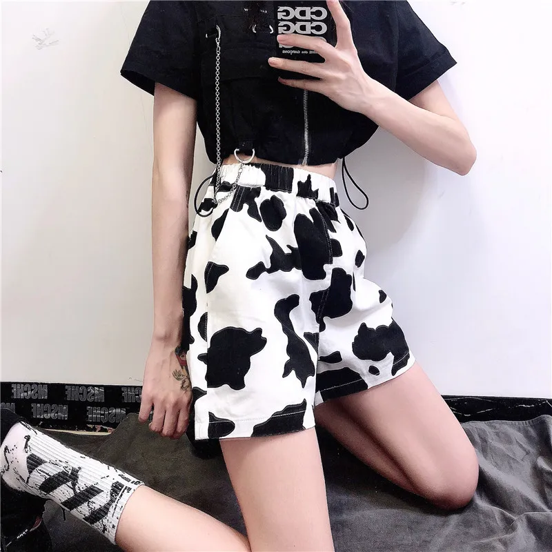 GOTH GIRL Streetwear Punk Shorts Female Harajuku Retro Black White Cow Print High Waist Loose Straight Short Women Fashion