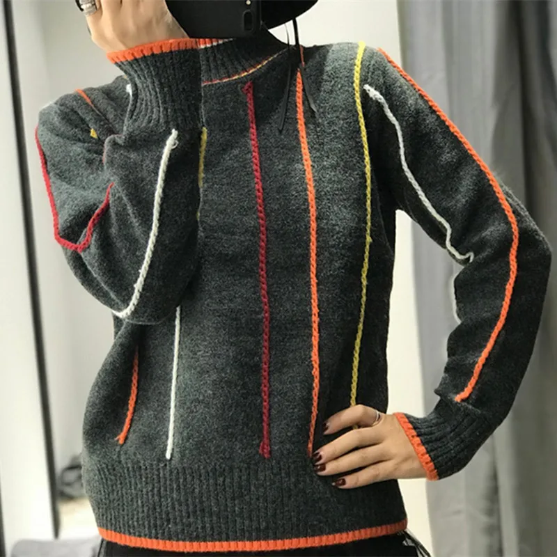Sweater Women's New Fashion Color Stripe Color Block High Neck Sweater In Autumn and Winter 2019 Women Sweaters and Pullover