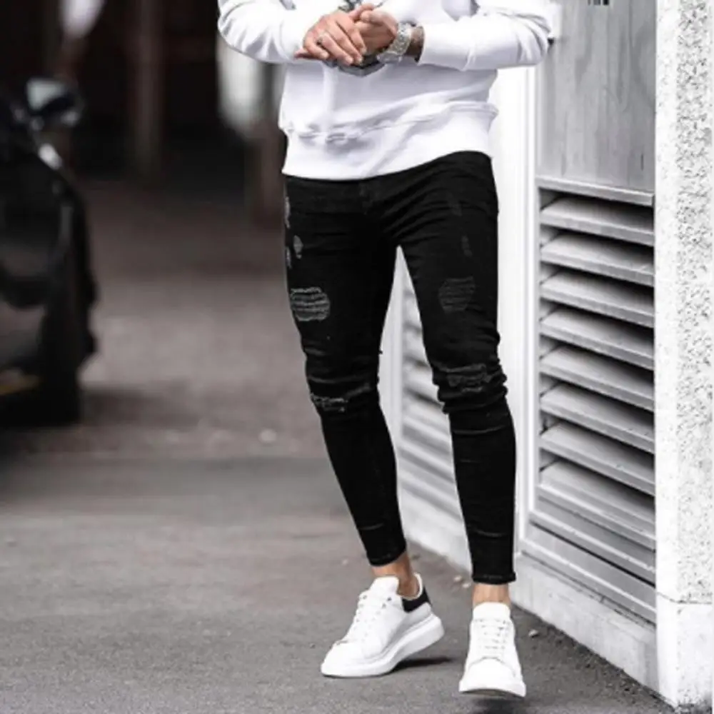 Black Skinny Men Fashion Denim Solid Skinny Hole Fit Distressed Jeans Long Pant Peto Vaquero Hombre #2b15 - Jeans - AliExpress