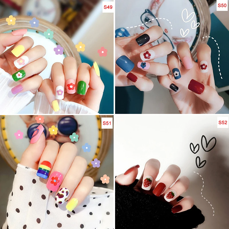 24pcs Green White Little Flower Fake Nail Art Decoration Short Square Head Full Cover False Nails Tips with Glue Sticker file
