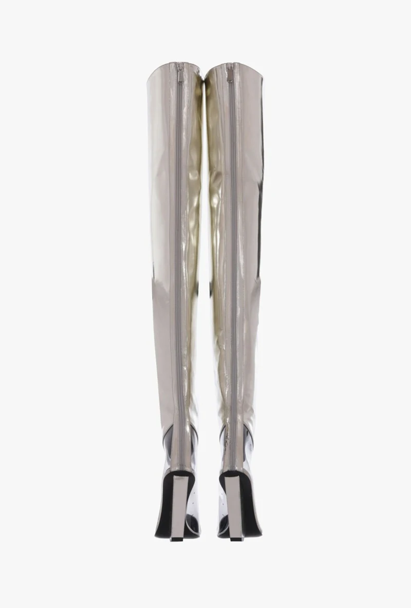 big size thigh high boots for plus women beige transparent chunky heel pointed toe pvc long shoes tall 10 fashion over the knee