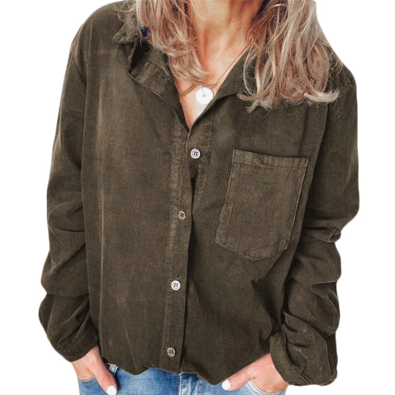 Women Blouse Warm Corduroy 2019 New Vintage Long Sleeve V Neck Shirts Spring autumn Femme Solid Blouse Casual Tops