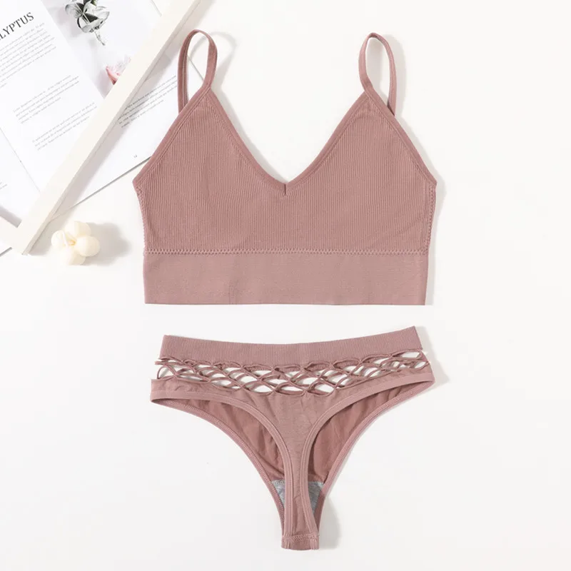 plus size bra and panty sets Women Seamless Bra Set U Back Bra Crop Top Lingerie Set Wirefree Sexy Underwear Rib Fitness Top Hollow Low Rise Cotton Thongs lace bra and panty sets