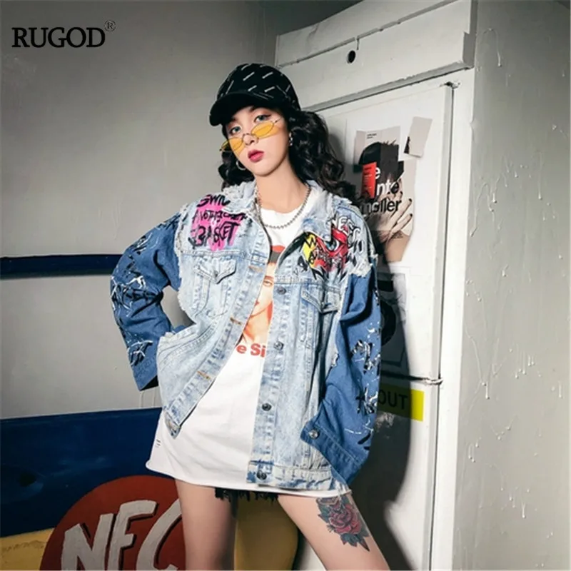 

RUGOD Vintage Denim Jackets Turn-down Collar Graffiti Print Long Sleeve Coats Frayed Fringe Pockets Stylish куртки женские 2019