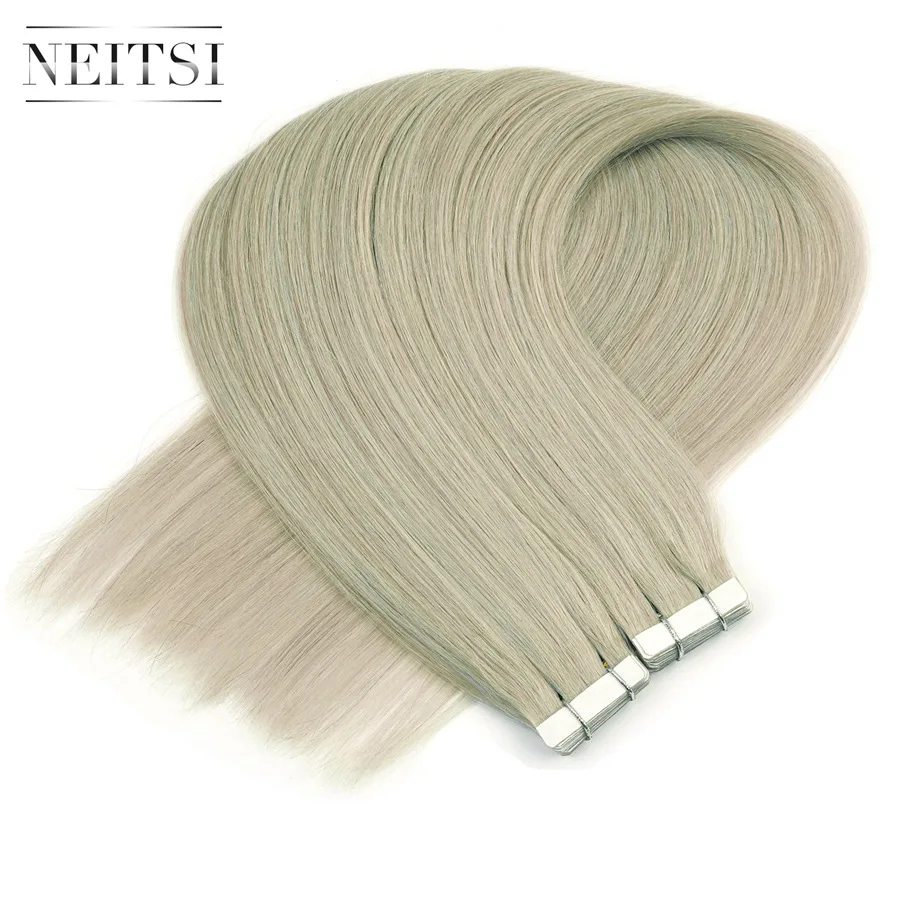 Neitsi Skin Weft Adhesive Hair None Remy Tape In Human Hair Extensions Grey# Color Straight Double Side Tape Hair 20pcs 40pcs