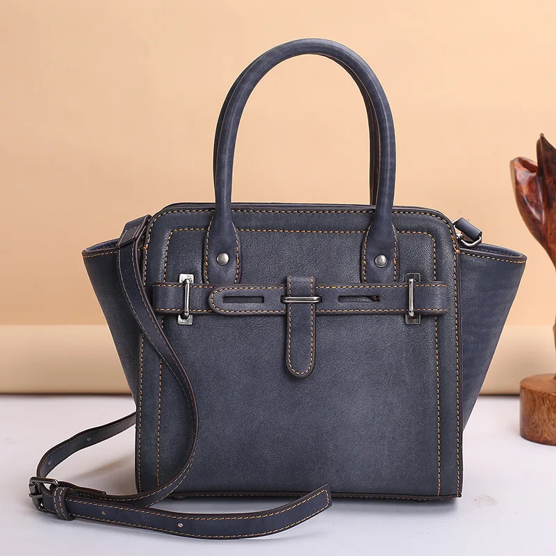 New ladies handbag head leather retro leather women's bag solid-color fashion one-shoulder tote bag