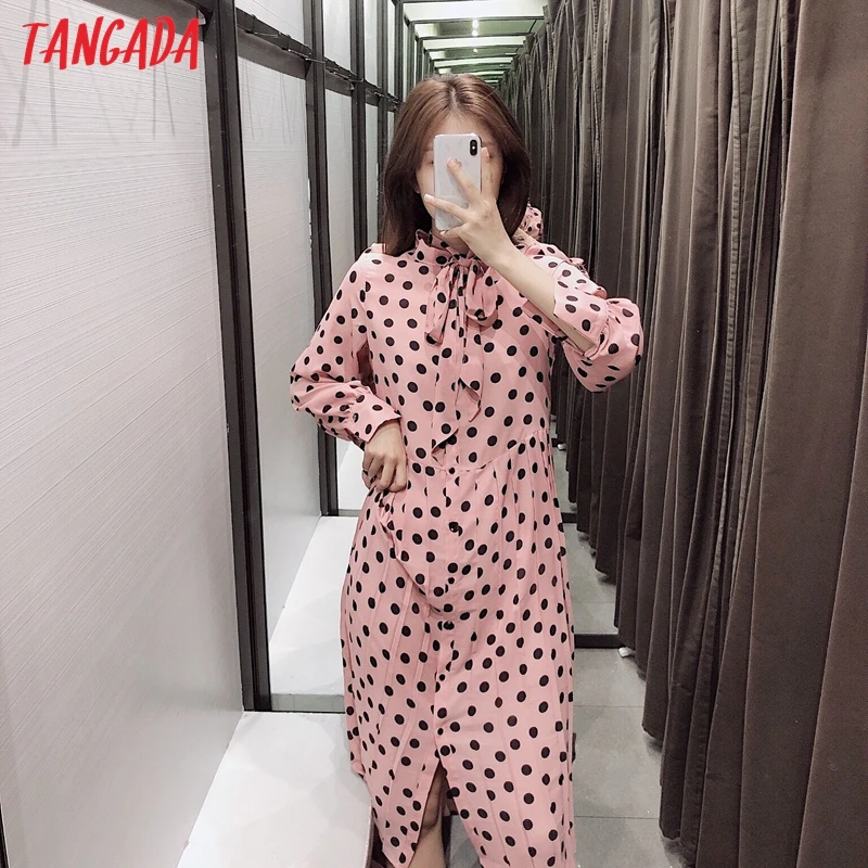 Buy Tangada women pink dots print midi dress bow tie collar 2019 long sleeve female vintage casual pleated dresses vestidos 3H21