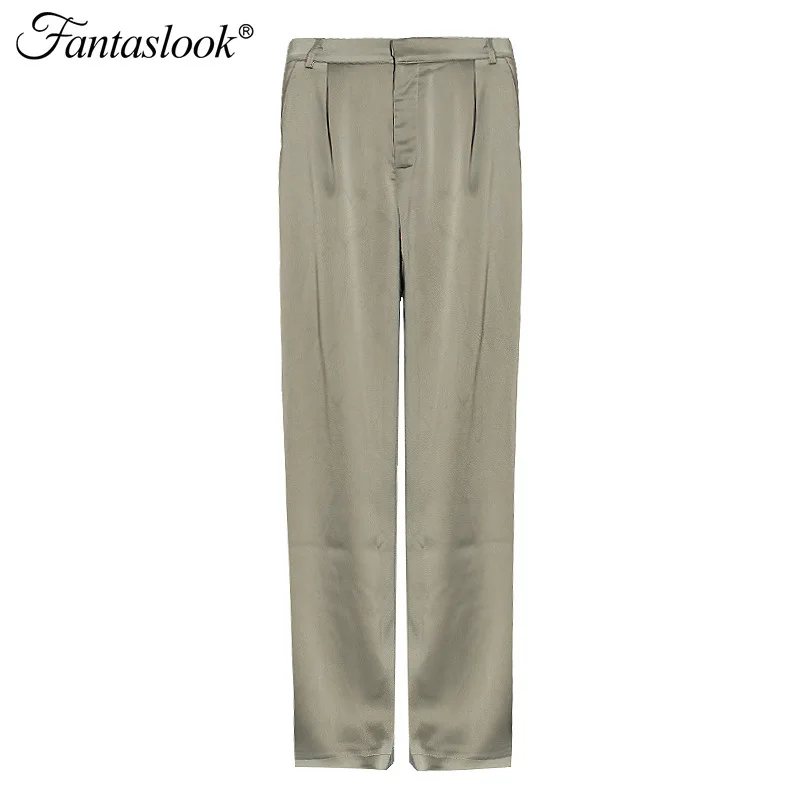 

Casual Pants Women High Waist Satin Long Pants Autumn Solid Side Pockets Wide Leg Pants Korean Loose Zipper Trousers Mujer