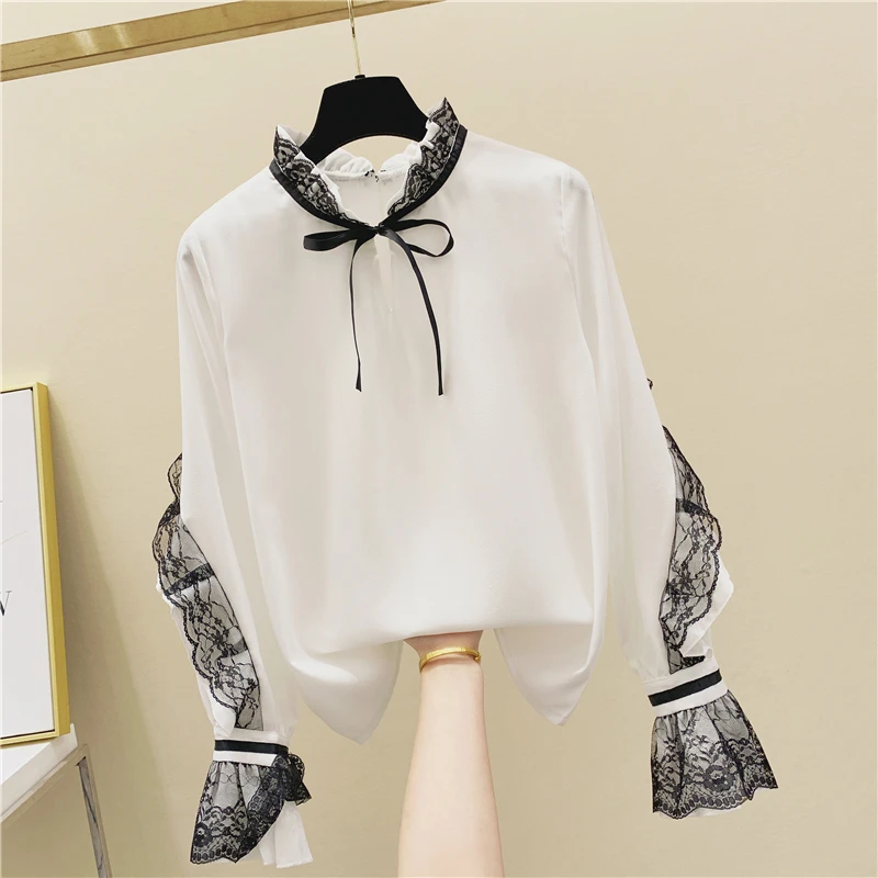 

Stand Collar Lace Panel Lace-up Bow Chiffon Shirt Women's 2020 Spring Summer New Hit Color Retro White Blouse Ropa Mujer Tops